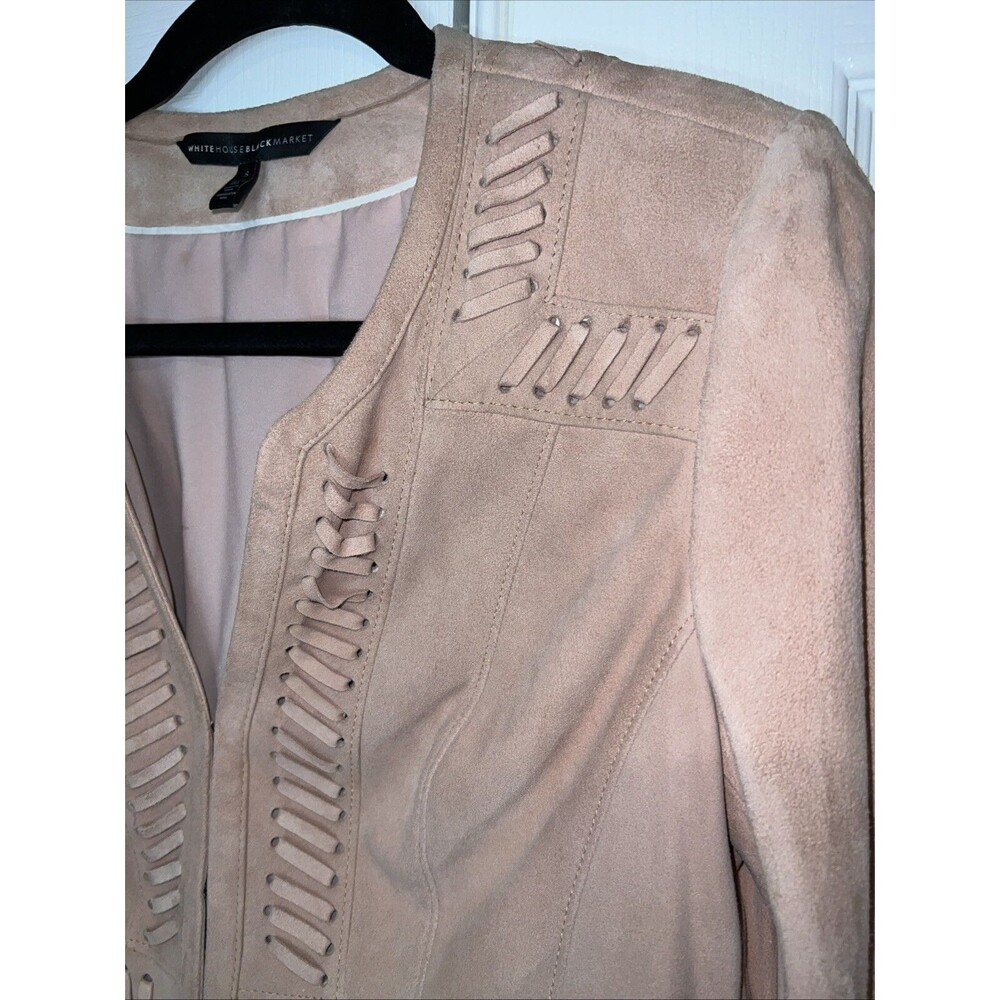 WHITE HOUSE BLACK MARKET Women Fringe Leather Suede Jacket Small Light Pink Boho - Picture 7 of 16